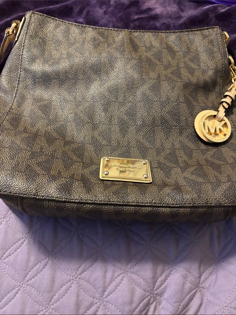 Michael Kors Brown Monogram Shoulder Bag with Gold Charm